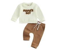 ZZLBUF Toddler Baby Boy Fall Clothes 2Pcs Set Waffle Letter Embroidery Pullover Sweatshirt Pants Trousers Outfits (A- Mama's Boy Brown, 6-12 Months)