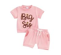 ZZLBUF Toddler Baby Boy Girl Summer Clothes Short Sleeve T-Shirt Tops Pants Shorts Set Sister Brother Matching Outfits (04- Big Sis Pink, 2-3 Years)