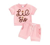 ZZLBUF Toddler Baby Boy Girl Summer Clothes Short Sleeve T-Shirt Tops Pants Shorts Set Sister Brother Matching Outfits (04- Lil Sis Pink, 6-12 Months)