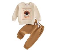 ZZLBUF Toddler Baby Boy Thanksgiving Outfits Turkey Long Sleeve Pullover Tops Sweatshirt Pants Set Fall Winter Clothes (02- Thanksgiving Turkey Khaki, 0-6 Months)