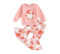 ZZLBUF Toddler Baby Girl Christmas Outfit Santa/Letter Print Crewneck Sweatshirt Flare Pants Set Xmas Clothes Gifts (A- Floral Santa Pink, 18-24 Months)