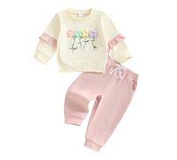 ZZLBUF Toddler Baby Girl Clothes Set Crochet 3D Flower Embroidery Long Sleeve Top Pullovers Trousers Pants 2Pcs Outfits (Pink, 12-18 Months)
