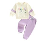 ZZLBUF Toddler Baby Girl Clothes Set Crochet 3D Flower Embroidery Long Sleeve Top Pullovers Trousers Pants 2Pcs Outfits (Purple, 12-18 Months)