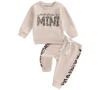 ZZLBUF Toddler Baby Girl Outfits Leopard Print Sweatshirt Mama Mini Pullover Leopard Print Pants Fall Winter Clothes (A1# Khaki, 0-6 Months)