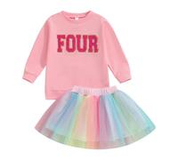 ZZLBUF Toddler Girl Birthday Outfits Two/Three/Four/Five/Six Letter Embroidery Crewneck Sweatshirt Tutu Skirts Set (Four Pink, 3-4T)