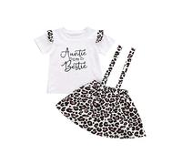 ZZLBUF Toddler Kids Baby Girl Summer Clothes Set Ruffle Short Sleeve T-Shirt Top Flower/Leoaprd/Donuts Print Suspender Skirts Outfits (Auntie is My Bestie-Leopard, 3-4 Years)