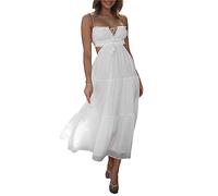 ZZLBUF Women's Boho Backless Cut Out Long Dress Sexy Spaghetti Strap Low Cut Maxi Dress Flowy Tie Back Beach Sundress (White, M)