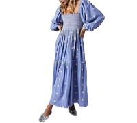 ZZLBUF Women's Flower Embroidered Maxi Dress Lantern Sleeve Square Neck Tiered Flowy Spring Fall Dress (Light Blue, S)