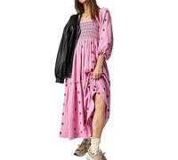 ZZLBUF Women's Flower Embroidered Maxi Dress Lantern Sleeve Square Neck Tiered Flowy Spring Fall Dress (Pink, L)