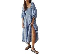 ZZLBUF Women's Flower Embroidered Maxi Dress Lantern Sleeve Square Neck Tiered Flowy Spring Fall Dress (Sky Blue, M)