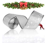 ZZLBZN Christmas Tree Ribbon Decorations,Silver Ribbon Wire Edge Glitter Ribbon for Gift Wrapping, Christmas Tree Decorations Christmas Crafts 10M