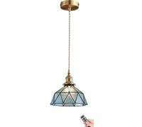 ZZLHY Battery Operated Pendant Light with Remote Control, Wireless Non-Hardwired Hanging Lamp, Blue Stained Glass Chandelier for Kitchen Island, Dining Room, Hallway Decor