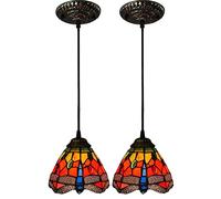 ZZLHY Dragonfly Stained Glass Ceiling Pendant Light Fixture with 6-inch Wide Lampshade Red Small Hanging Swag Lamp for Dining Room kitchen island over sink,3PCS,2pcs