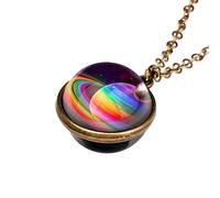 ZZLHY Planet Necklace For Women And Men, Solar System Universe Space Two-sided Glass Pendant Necklace, Saturn Necklace Gold, Solar System Necklace, Earth Necklace