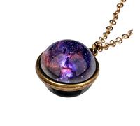 ZZLHY Planet Necklace For Women And Men, Solar System Universe Space Two-sided Glass Pendant Necklace, Saturn Necklace Gold, Solar System Necklace, Earth Necklace