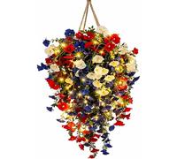 ZZLMDZ Patriotic Hanging Flower Baskets, Red White Blue Artificial Hanging Plants, UV Resistant Morning Glory Flowers, 250th Anniversary Decor for Veterans Memorial Day Patio Home (1Pcs with light)
