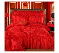 ZZSRJ Red Pink Lace Wedding Bedding Set Bed Cover Bedspread Set Decorative Quilt Cover (Color : Red, Size : King size 4Pcs)
