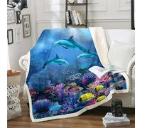 ZZTBQ Cute Dolphin Print Sherpa Blanket for Adults Ocean Marine Sea Creatures Pattern Fleece Blanket Thick Warm Throw Blanket Soft Cozy Fuzzy Bed Blanket 60"x80"/150x200cm Lovely Hawaiian Sealife