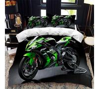ZZTBQ Motorcycle Duvet Cover Set King Size Cool Motorbike Sports Theme Motorcycle Pattern Bedding Set Black Green Comforter Cover 3 Pieces Decor Bedspread Cover, 230 x 220 cm
