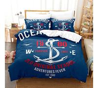 ZZTBQ Sailor Striped Nautical Theme Super King Bed Duvet Cover and Pillow Cases Set Boat Ship Anchor Navy Blue Super King Bedding for Boys and Girls 260 x 220 cm