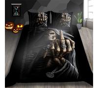 ZZTBQ Skull Kids Bedding Set Single Size Gothic Vintage Skull Middle finger Duvet Cover Set Single Size Black Gray Halloween for Kids Bedspread Cover Room Decor 3Pcs, 135 x 200 cm