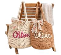ZZTINGC Personalized Crochet Beach Tote Bag, Custom Monogram Knit One Shoulder Bag, Handmade Summer Vacation Handbag For Women, Bridesmaid Gift(Khaki)