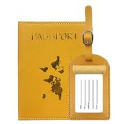 ZZTWER Gold Stamped Map PU Leather Boarding Pass Passport Holder Luggage Tag Set Leather Passport Wallet Slim Travel Wallet(Gelb)