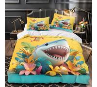 ZZVRMCYLD Cartoon shark joy 3D Print Comforter Cover 3pcs Microfibre Skin-Friendly Colorful tropical Duvet Cover 2 Pillow Shams Zippered Closure Lightweight Family Guests Single (135x200cm)