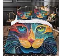 ZZVRMCYLD Colorful cat face 3D Pattern Duvet Cover 3pc Premium Microfibre Concealed Abstract digital Duvet Cover 2 Pillowcases Lightweight Stain-Resistant Teens Young Adults Double（200x200cm）