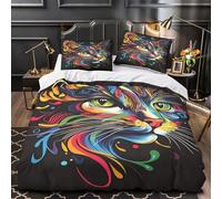 ZZVRMCYLD Colorful cat face 3D Pattern Quilt Cover 3-Piece Ultra-Soft Microfibre Anti-Fade Abstract Duvet Insert Cover 2 Pillowcases Zip Closure Fade-Resistant Adults Couples Single (135x200cm)