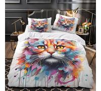 ZZVRMCYLD colorful cat face 3D Printed Quilt Cover 3pc Premium Microfibre Stain-Resistant abstract Duvet Cover 2 Pillowcases Zip Closure Bed Ensemble Couple Bedroom Double（200x200cm）