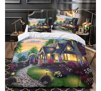 ZZVRMCYLD Cozy cottage 3D Printed Duvet Cover 3pcs Microfiber Easy Care Decor Rustic garden scene Comforter Cover 2 Pillowcases Hidden Zipper Breathable For Kids & Teens Single（140x200cm）
