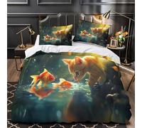 ZZVRMCYLD Cute kitten 3D Pattern Quilt Cover 3-Piece Microfiber Hidden Zipper Teens Water scene Duvet Cover 2 Pillowcases Machine Washable Home Decor Kids & Boys Double（200x200cm）