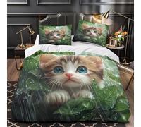 ZZVRMCYLD Cute kitten rain scene 3D Printing Comforter Cover 3-Piece Premium Microfibre Stain-Resistant Quilt Cover 2 Pillow Shams Zippered Closure Bed Ensemble Family & Guests Super king（260x220cm）