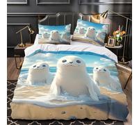 ZZVRMCYLD Cute seal pups 3D Print Duvet Insert Cover 3pc Ultra-Soft Microfibre Light Cartoon beach scene Quilt Cover 2 Pillowcases Concealed Zipper Bed Linen Teens Bedroom Single（140x200cm）