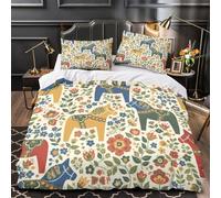 ZZVRMCYLD Dala horse pattern 3D Print Quilt Cover 3-Piece Microfiber Lightweight Breathable Scandinavian folk Comforter Cover 2 Pillowcases Hidden Zipper Bed Set Girls Bedroom Single（140x200cm）