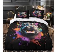 ZZVRMCYLD Hippos with headphones 3D Pattern Duvet Cover 3pc Premium Microfibre Concealed vibrant pop Duvet Cover 2 Pillowcases Lightweight Stain-Resistant Teens Young Adults Super king（260x220cm）
