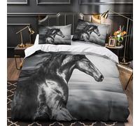 ZZVRMCYLD horse galloping 3D Digital Print Duvet Cover 3-Piece Ultra-Soft Microfiber Durable black and white Comforter Cover 2 Pillowcases Hidden Zipper Machine Washable Kids Teens Single (135x200cm)