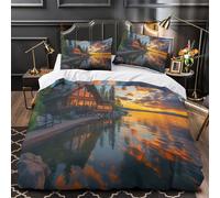 ZZVRMCYLD Lakehouse at sunset 3D Digital Print Duvet Insert Cover 3pc Ultra-Soft Microfibre Light Cozy cabin Quilt Cover 2 Pillowcases Concealed Zipper Bed Linen Teens Room Single (135x200cm)