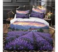 ZZVRMCYLD Lavender field 3D Pattern Duvet Cover 3-Piece Ultra-Soft Microfiber Durable Rural mountain cottage Comforter Cover 2 Pillowcases Hidden Zipper Machine Washable Kids Teens Double（200x200cm）