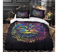 ZZVRMCYLD Neon cat face 3D Printed Quilt Cover 3pcs Microfibre Anti-Fade Breathable Light Vibrant abstract Comforter Cover 2 Pillowcases Zip Closure Bed Set Teenagers & Adults King（220x240cm）