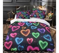 ZZVRMCYLD Neon hearts glow 3D Printed Comforter Cover 3pcs Microfibre Stain-Resistant colorful digital Duvet Insert Cover 2 Pillow Shams Zippered Closure Bed Linen Adults & Families King（220x240cm）
