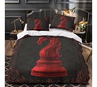 ZZVRMCYLD Red chess knight 3D Digital Print Comforter Cover 3-Piece Premium Microfibre Stain-Resistant Quilt Cover 2 Pillow Shams Zippered Closure Bed Ensemble Family & Guests Super king（260x220cm）