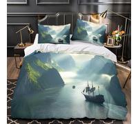 ZZVRMCYLD Sailboat Journey 3D Pattern Quilt Cover 3pcs Microfibre Anti-Fade Breathable Light Mountain Scenery Comforter Cover 2 Pillowcases Zip Closure Bed Set Teenagers Adults Double（200x200cm）