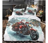 ZZVRMCYLD Santa on motorcycle 3D Digital Print Comforter Cover 3pcs Microfibre Stain-Resistant Duvet Insert Cover 2 Pillow Shams Zippered Closure Bed Linen Adults & Families King（220x240cm）