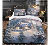 ZZVRMCYLD Snowy cabin 3D Pattern Quilt Cover 3pc Premium Microfibre Stain-Resistant Winter landscape painting Duvet Cover 2 Pillowcases Zip Closure Bed Ensemble Couple Bedroom Super king（260x220cm）