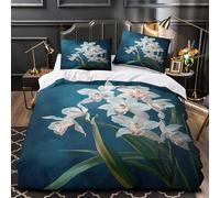 ZZVRMCYLD white orchids 3D Pattern Quilt Cover 3pcs Microfibre Anti-Fade Easy Care botanical painting Duvet Insert Cover 2 Pillowcases Zip Closure Bedding Boys Bedroom Single（140x200cm）