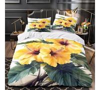 ZZVRMCYLD Yellow hibiscus 3D Printed Quilt Cover 3pc Premium Microfibre Stain-Resistant Botanical illustration Duvet Cover 2 Pillowcases Zip Closure Bed Ensemble Couple Bedroom Single (135x200cm)