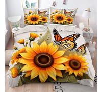 ZZXHG Bedding Set King Size Yellow Sunflower Butterfly, Microfiber Duvet Cover Sets 3 Pcs with Zipper Closure and 2 Pillowcases 50x75cm, Quilt Covers for Teens Adults - 220x240cm_A4625