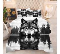 ZZXHG Duvet Single Size All Season Reversible | Black Animal Wolf, Breathable Machine Washable Lightweight Comforter with 2 Pillowcases (50x75cm), Microfiber Polycotton Quilt for Bedroom, Home, Hotel